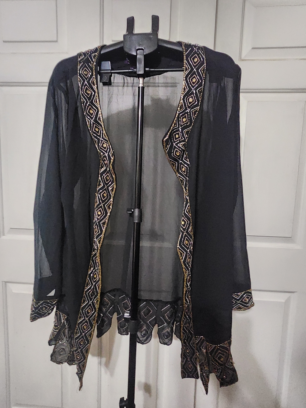 Roamans Black Sheer Kimono Jacket Beaded Gold Geometric Scalloped Trim Boho 32w